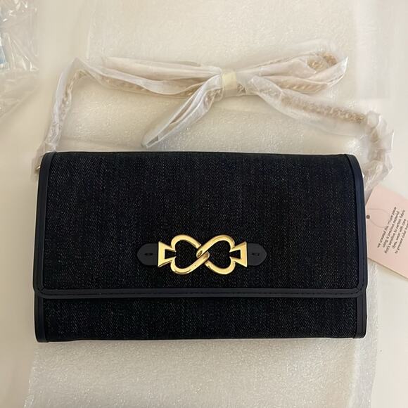 NWT Kate spade toujours chain leather clutch in blue denim and gold hardware - Picture 7 of 9